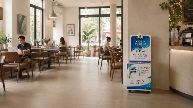 Kiosk RoPrint nhỏ gọn đặt trong quán cafe hiện đại cho mô hình in tự phục vụ