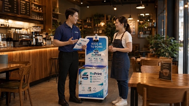 Khách sử dụng điện thoại để thao tác với kiosk in tự phục vụ RoPrint